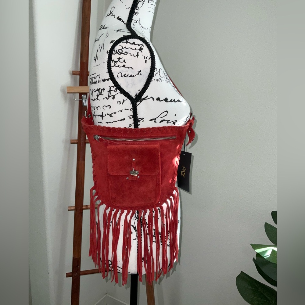Raj Leather Red Suede Crossbody Bag with Fringe